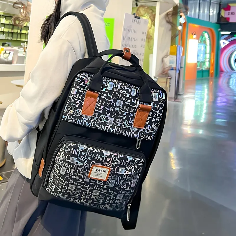 HACIN Nylon Fabric Backpack Unisex Black/Green/Blue/Pink-5