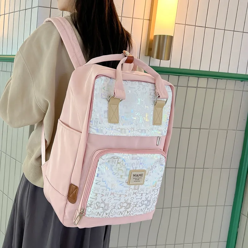 HACIN Nylon Fabric Backpack Unisex Black/Green/Blue/Pink-2