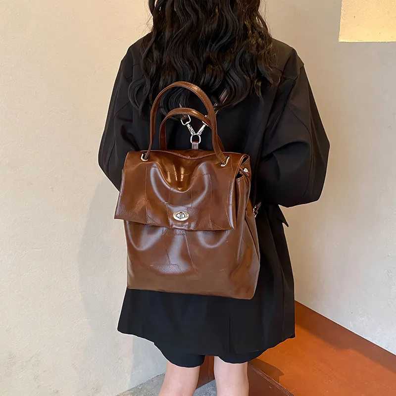 HACIN PU Backpack Regular Women's Ecru/Black/Coffee-8