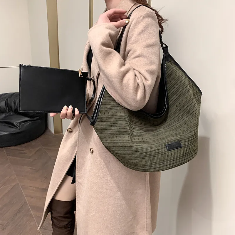 HACIN Canvas Shoulder Bag Regular Women's White/Light Brown/Green-6