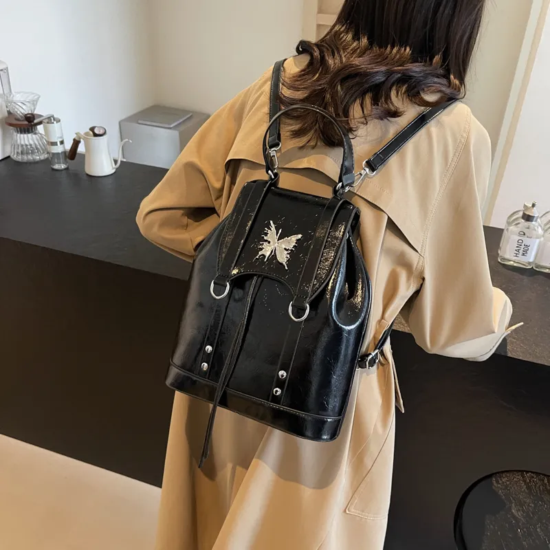 HACIN PU Backpack Women's Black/Burgundy/Brown-1