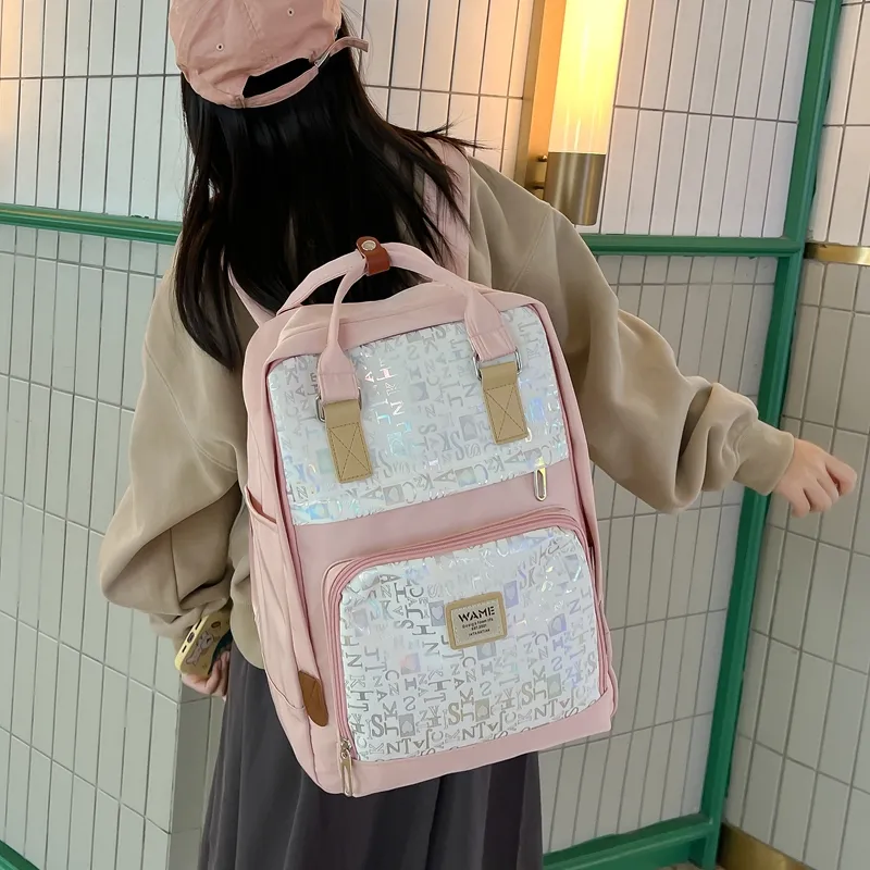 HACIN Nylon Fabric Backpack Unisex Black/Green/Blue/Pink-1