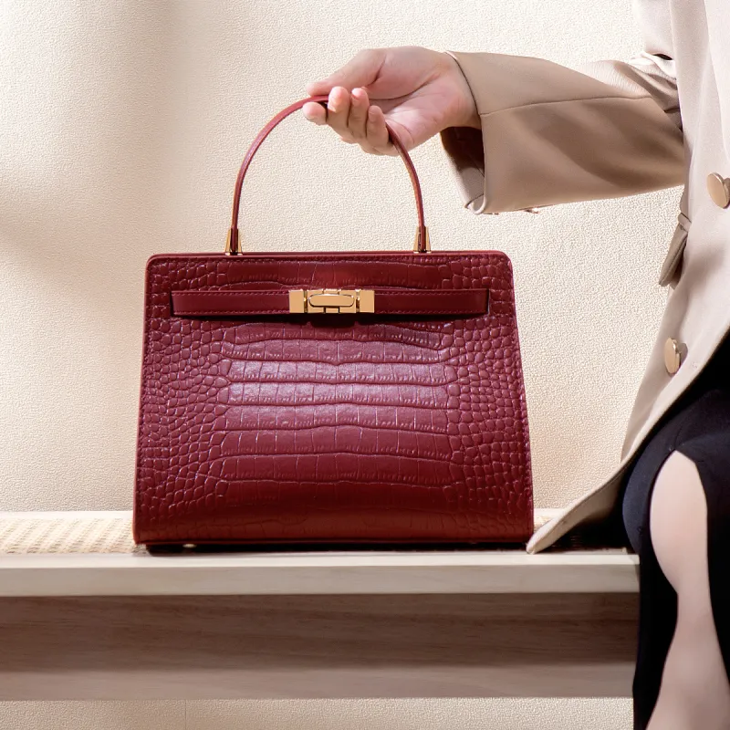 HACIN PU Crossbody One Shoulder Handbag Women's Crocodile Pattern Red-4