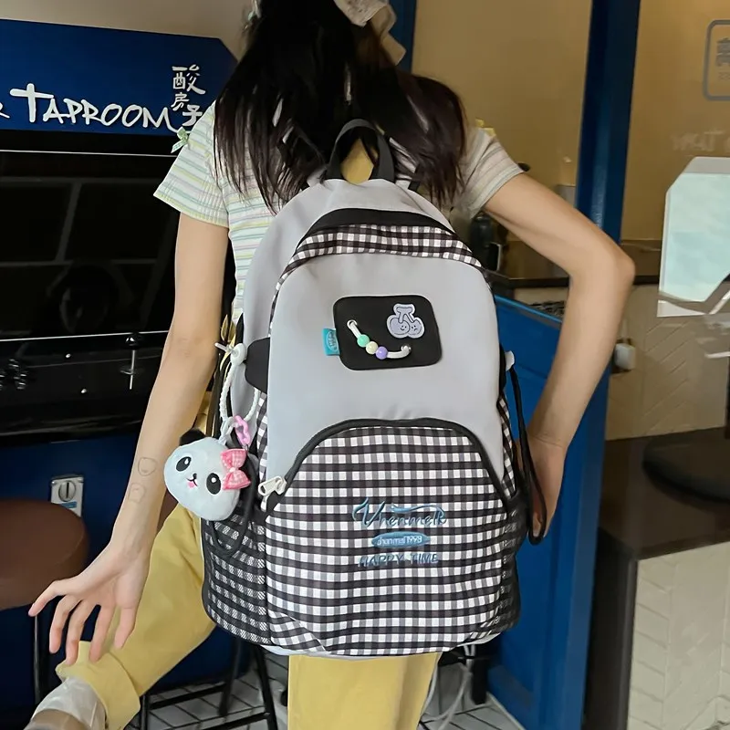 HACIN Nylon Backpack Regular Unisex Green Purple & Light Yellow/Black Plaid-3