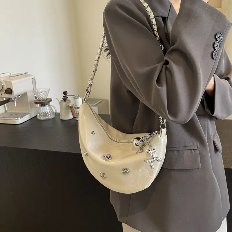HACIN PU Shoulder Bag, Crossbody Bag Regular Women's Ecru/Silver/Black-3