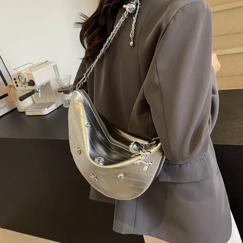 HACIN PU Shoulder Bag, Crossbody Bag Regular Women's Ecru/Silver/Black-7