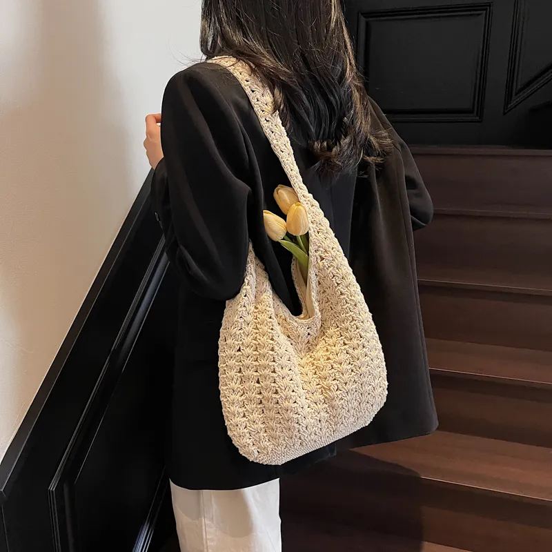 HACIN Straw Woven Handbag, Shoulder Bag Regular Women's Ecru/Khaki-5