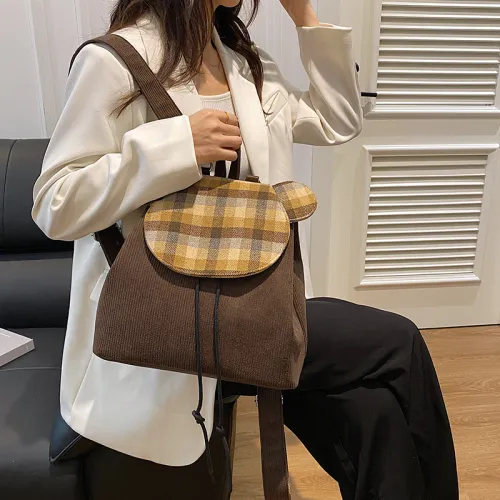 HACIN Woolen Backpack Regular Women's Plaid/Leopard Print