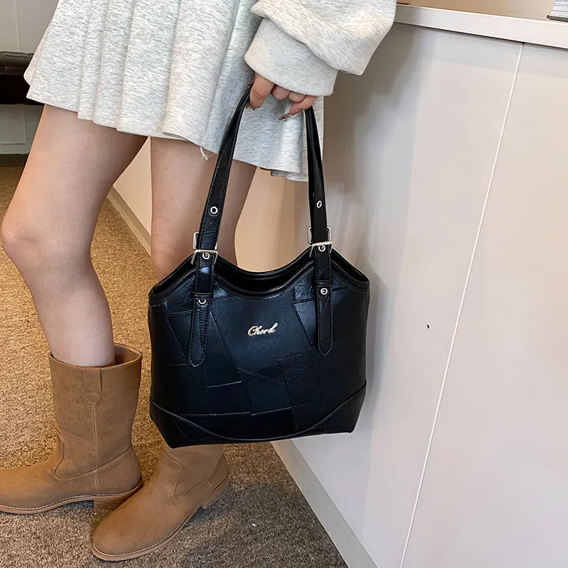 HACIN PU Tote Bag, Shopping Bag, Shoulder Bag Women's Ecru/Black/Brown-4