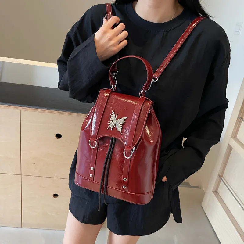 HACIN PU Backpack Women's Black/Burgundy/Brown-5