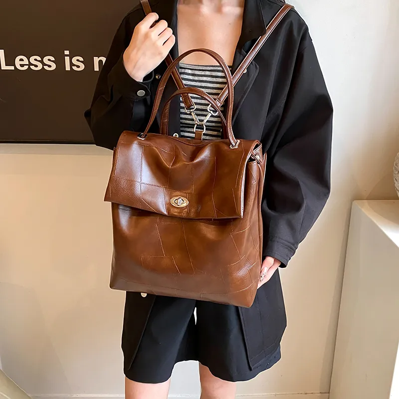 HACIN PU Backpack Regular Women's Ecru/Black/Coffee-7