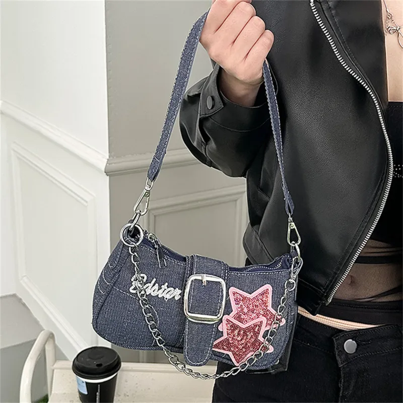 HACIN Denim Handbags Shoulder Bags Regular Women's Black/Blue-8