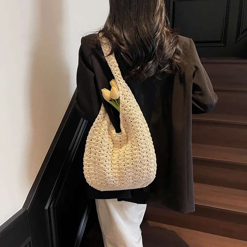 HACIN Straw Woven Handbag, Shoulder Bag Regular Women's Ecru/Khaki-4