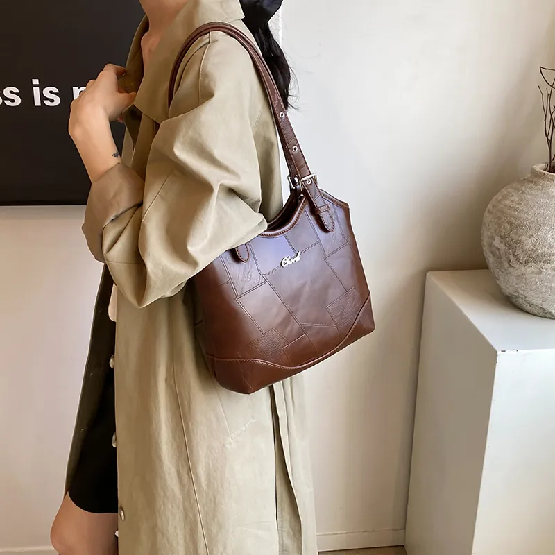 HACIN PU Tote Bag, Shopping Bag, Shoulder Bag Women's Ecru/Black/Brown-7
