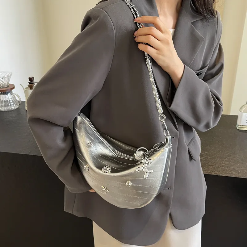 HACIN PU Shoulder Bag, Crossbody Bag Regular Women's Ecru/Silver/Black-6