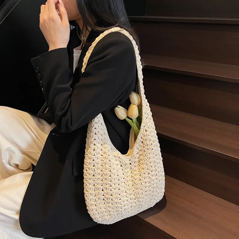 HACIN Straw Woven Handbag, Shoulder Bag Regular Women's Ecru/Khaki-3