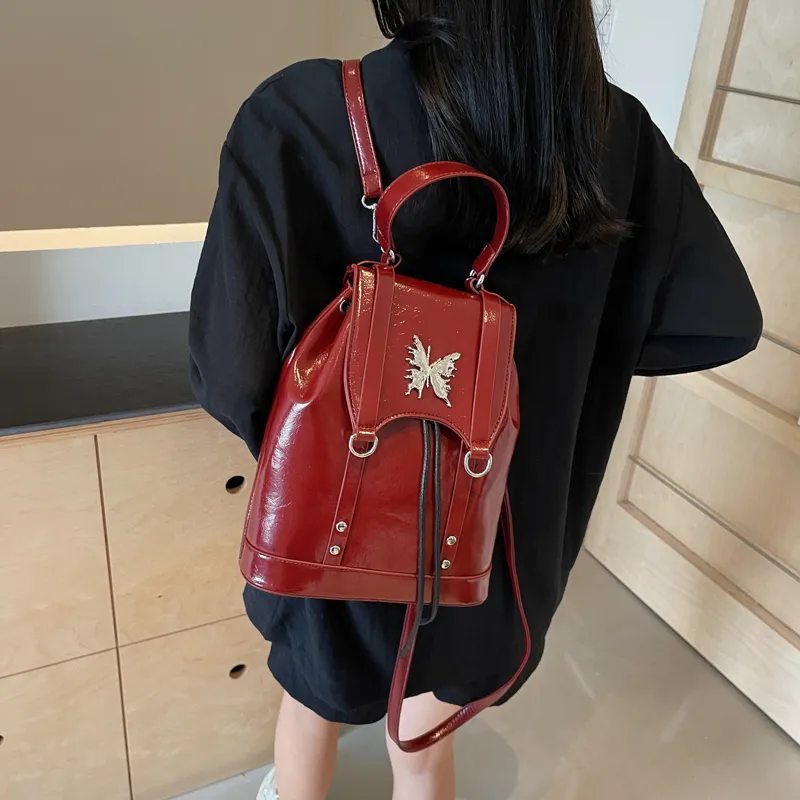 HACIN PU Backpack Women's Black/Burgundy/Brown-4