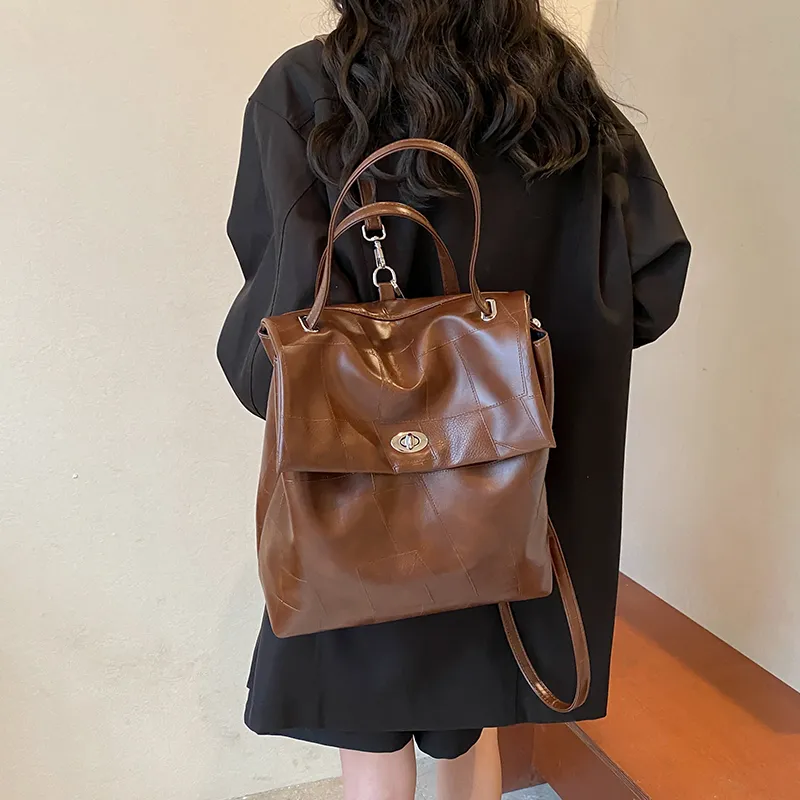 HACIN PU Backpack Regular Women's Ecru/Black/Coffee-9