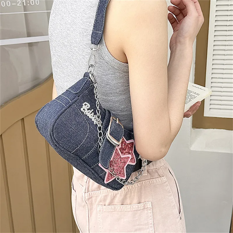 HACIN Denim Handbags Shoulder Bags Regular Women's Black/Blue-6