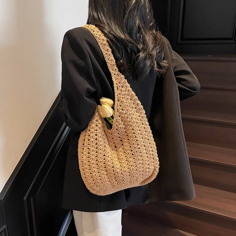 HACIN Straw Woven Handbag, Shoulder Bag Regular Women's Ecru/Khaki-10
