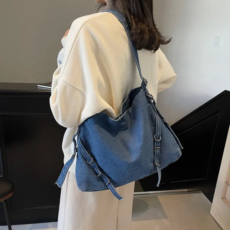 HACIN Denim Shoulder Bag Women's Black/Light Blue/Dark Blue-7