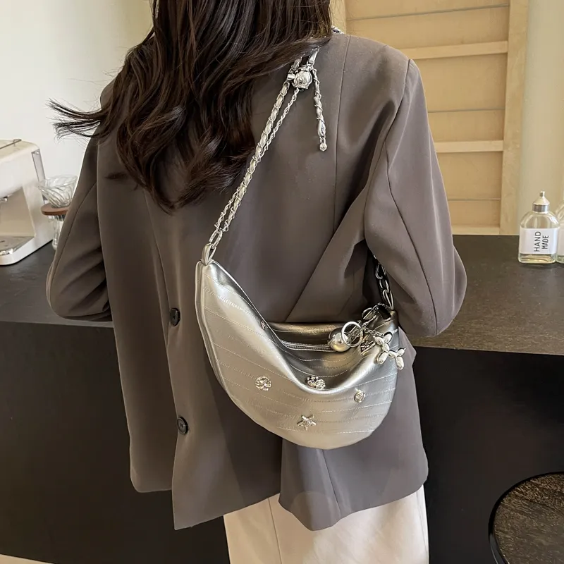 HACIN PU Shoulder Bag, Crossbody Bag Regular Women's Ecru/Silver/Black-8