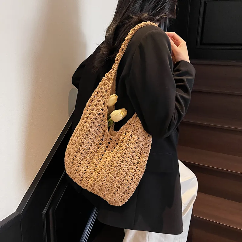 HACIN Straw Woven Handbag, Shoulder Bag Regular Women's Ecru/Khaki-8