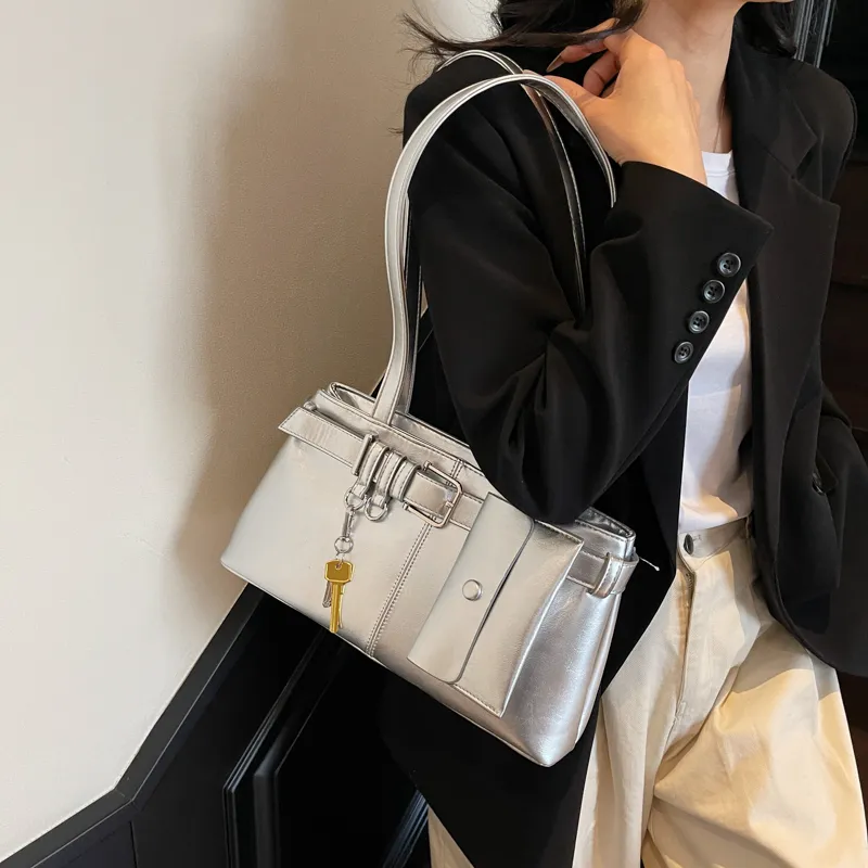 HACIN PU Shoulder Bag Women's Ecru/Silver/Black/Blue/Pink-12