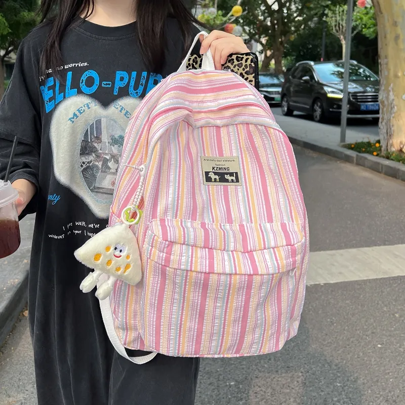 HACIN Nylon Fabric Backpack Women's Pink/Light Yellow/Light Green/Light Blue-1