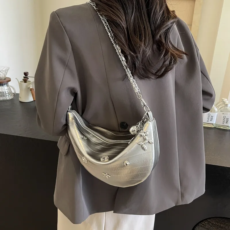 HACIN PU Shoulder Bag, Crossbody Bag Regular Women's Ecru/Silver/Black-9