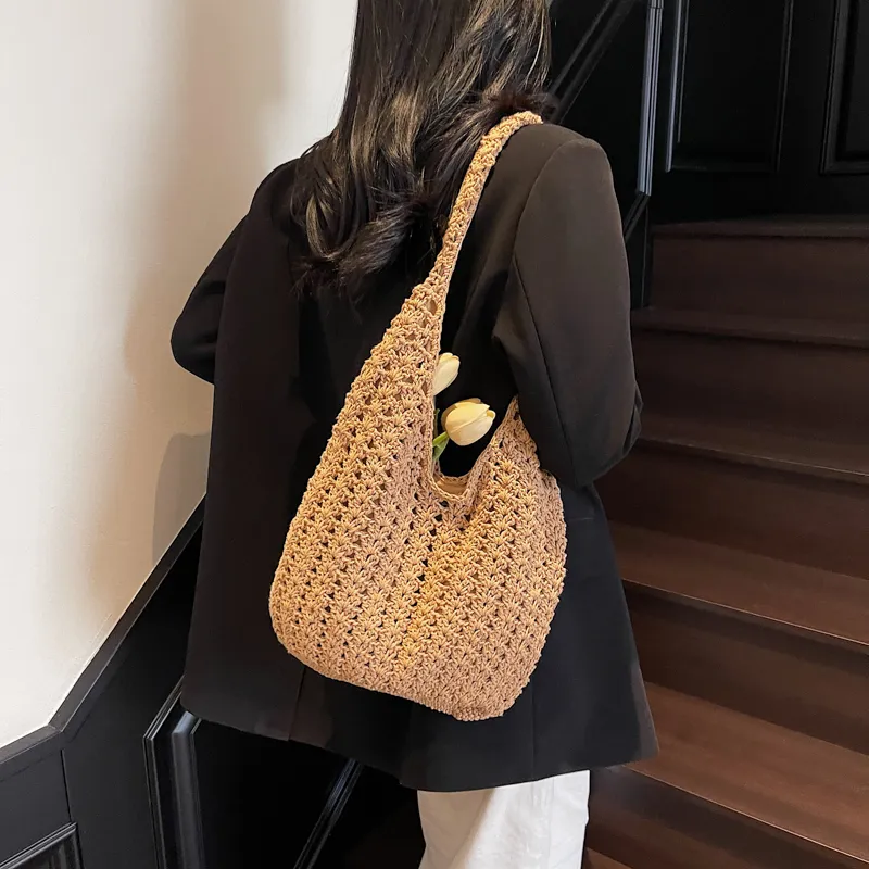 HACIN Straw Woven Handbag, Shoulder Bag Regular Women's Ecru/Khaki-7