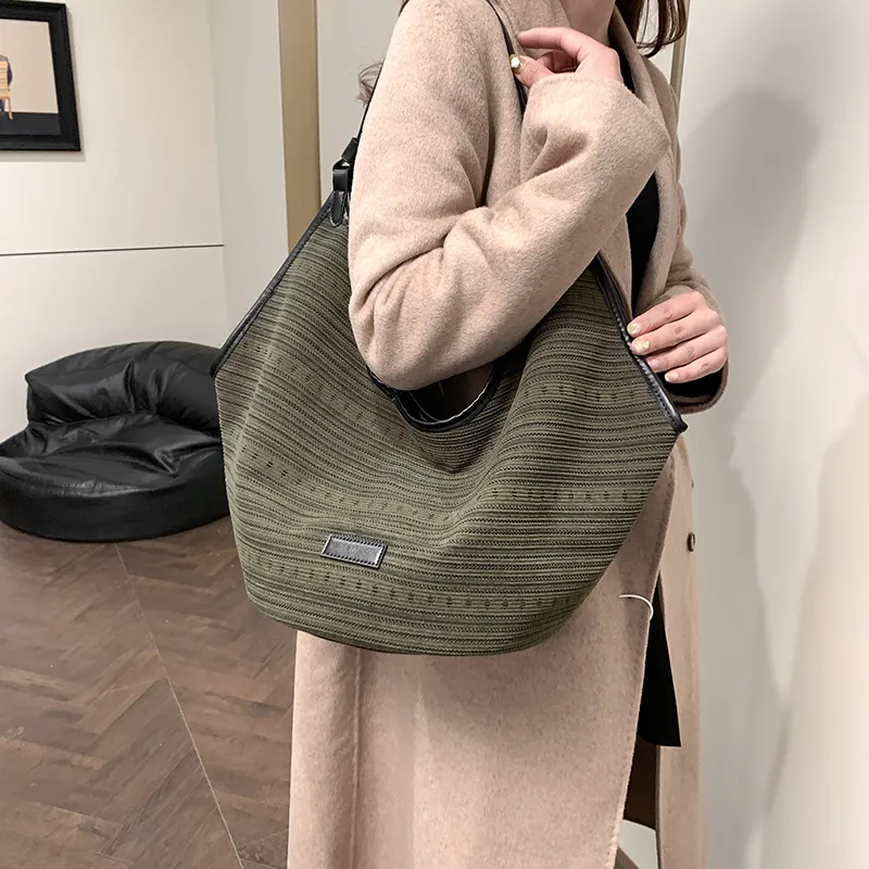 HACIN Canvas Shoulder Bag Regular Women's White/Light Brown/Green-7