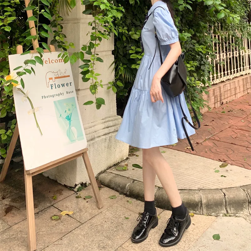 Mu Qingqing Short Sleeved Dresses Women's Blue-5