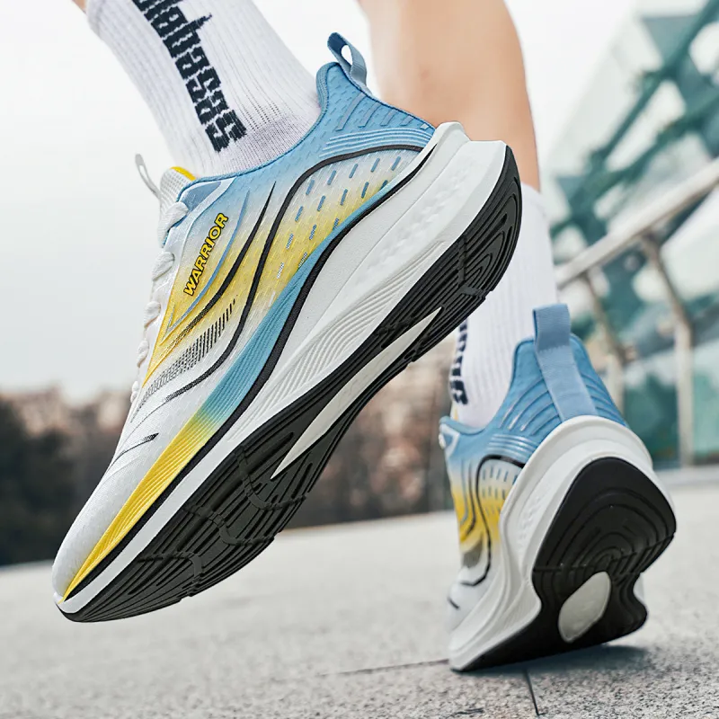 Warrior Slip Resistant And Breathable Low Top Marathon Running Shoes Men's White Blue Yellow-7