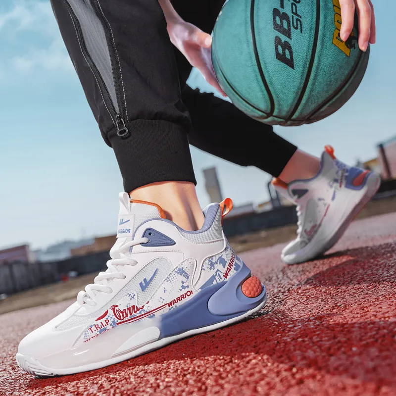Warrior Mid Top Basketball Shoes Men's White Blue Gray-7