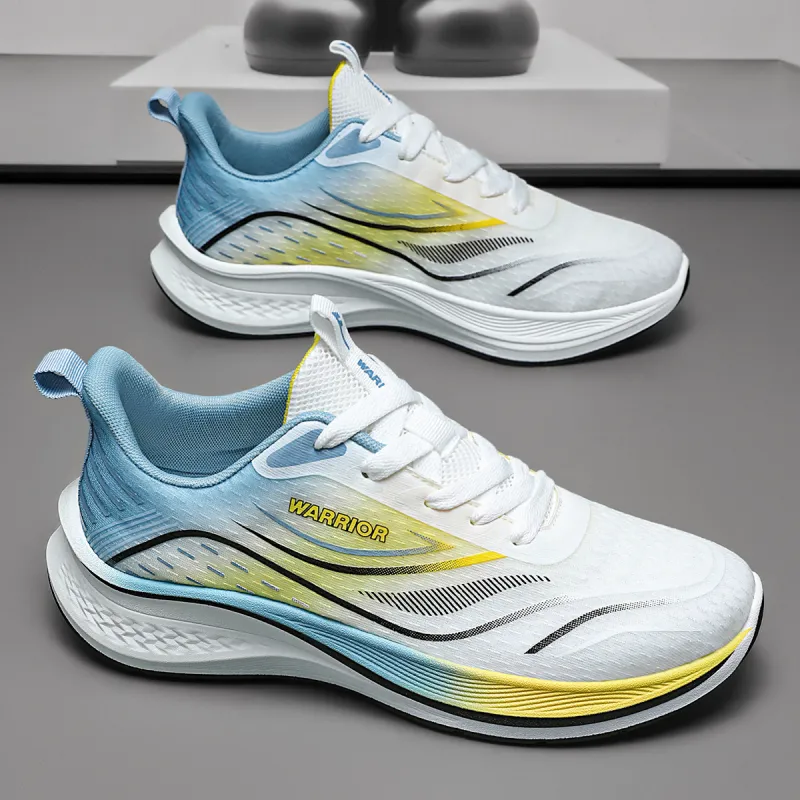 Warrior Slip Resistant And Breathable Low Top Marathon Running Shoes Men's White Blue Yellow-5
