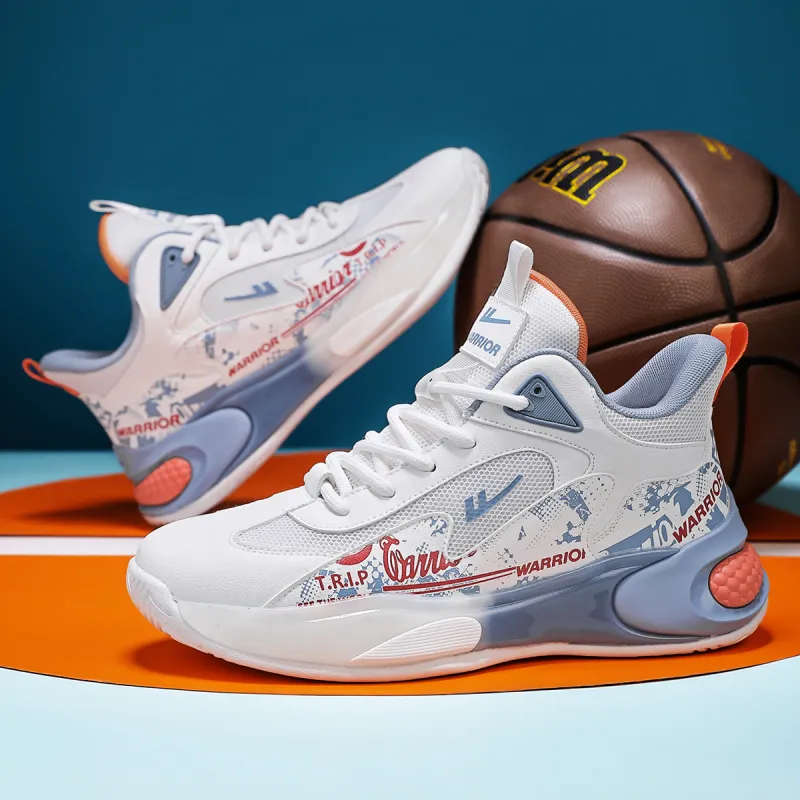 Warrior Mid Top Basketball Shoes Men's White Blue Gray-5
