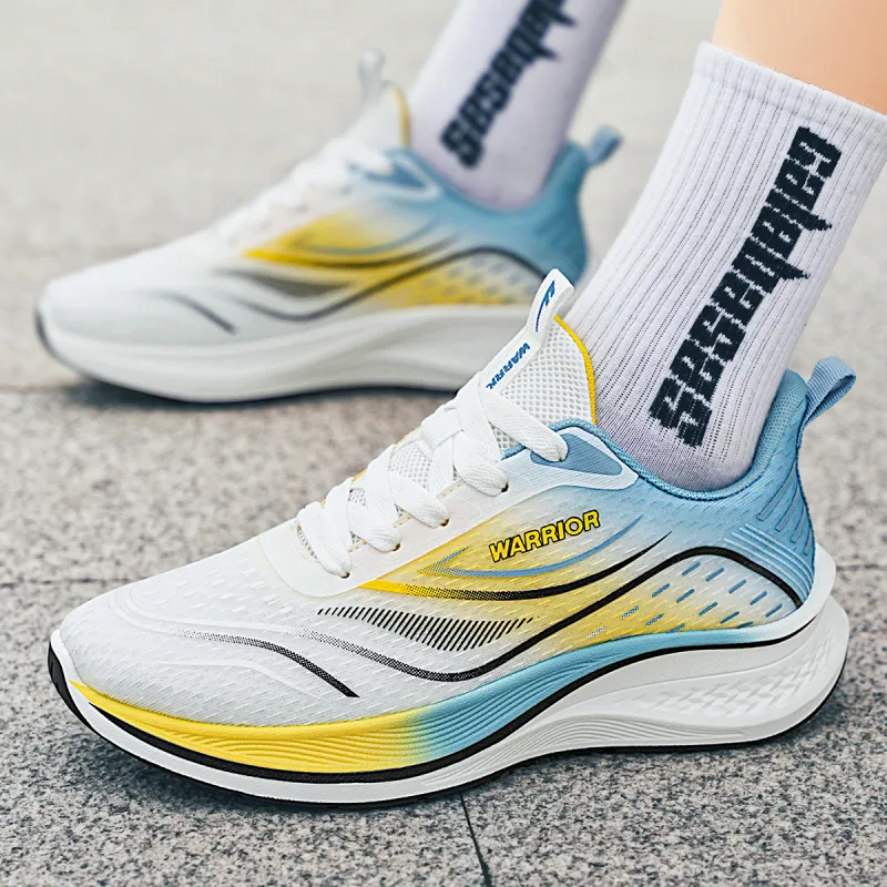 Warrior Slip Resistant And Breathable Low Top Marathon Running Shoes Men's White Blue Yellow-6
