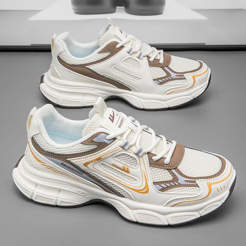 Warrior Wear Resistant Breathable Height Increasing Low Top Chunky Sneakers Men's Beige Brown-2