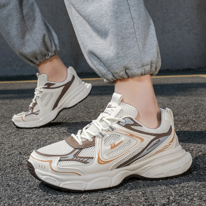 Warrior Wear Resistant Breathable Height Increasing Low Top Chunky Sneakers Men's Beige Brown-4