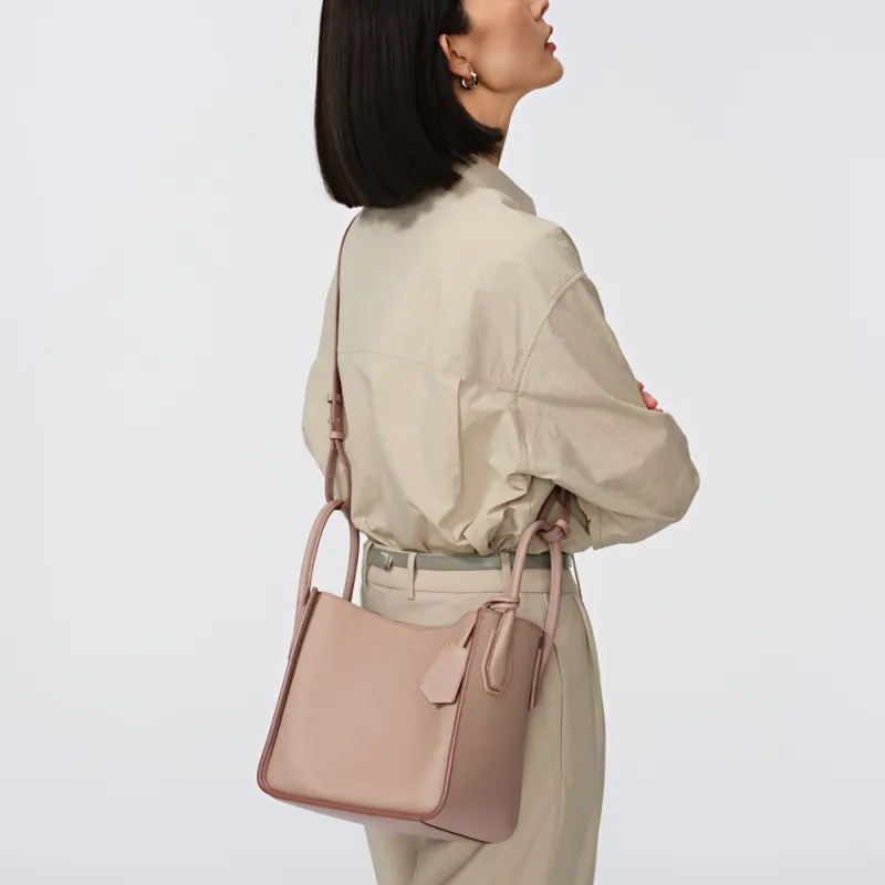 FION Cow Leather Bucket Bag Medium Size Women's Black, White Cream Apricot-2