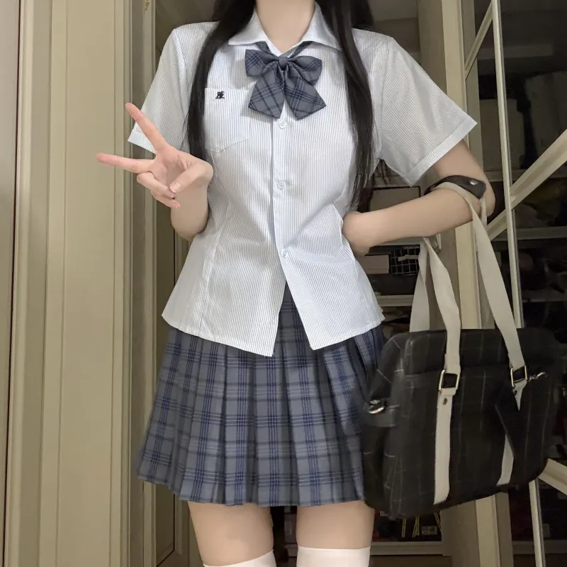 KAZAN Uniforms Women's Light Blue Three Piece Set Light Blue Stripes Embroidery Shirt+Dark Gray Pleated Skirt+Dark Gray Bow Tie-4
