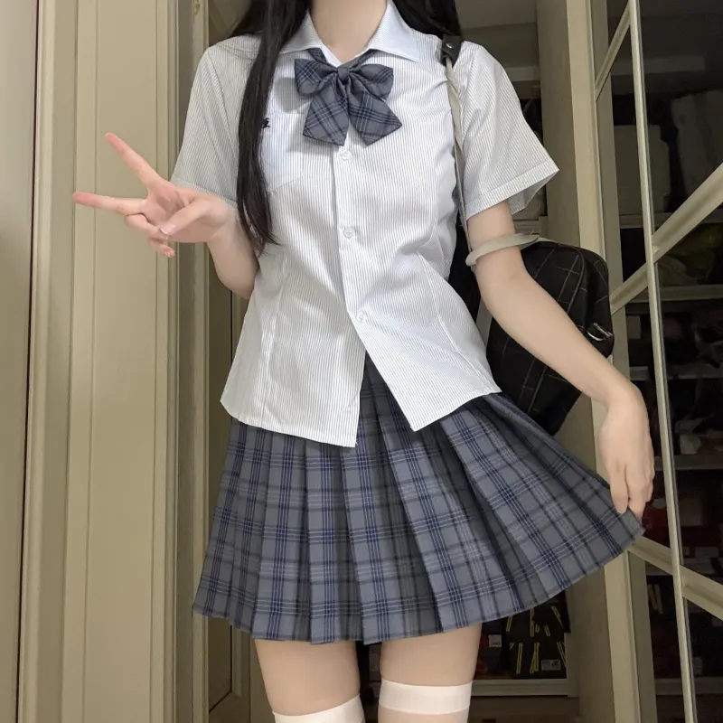 KAZAN Uniforms Women's Light Blue Three Piece Set Light Blue Stripes Embroidery Shirt+Dark Gray Pleated Skirt+Dark Gray Bow Tie-3