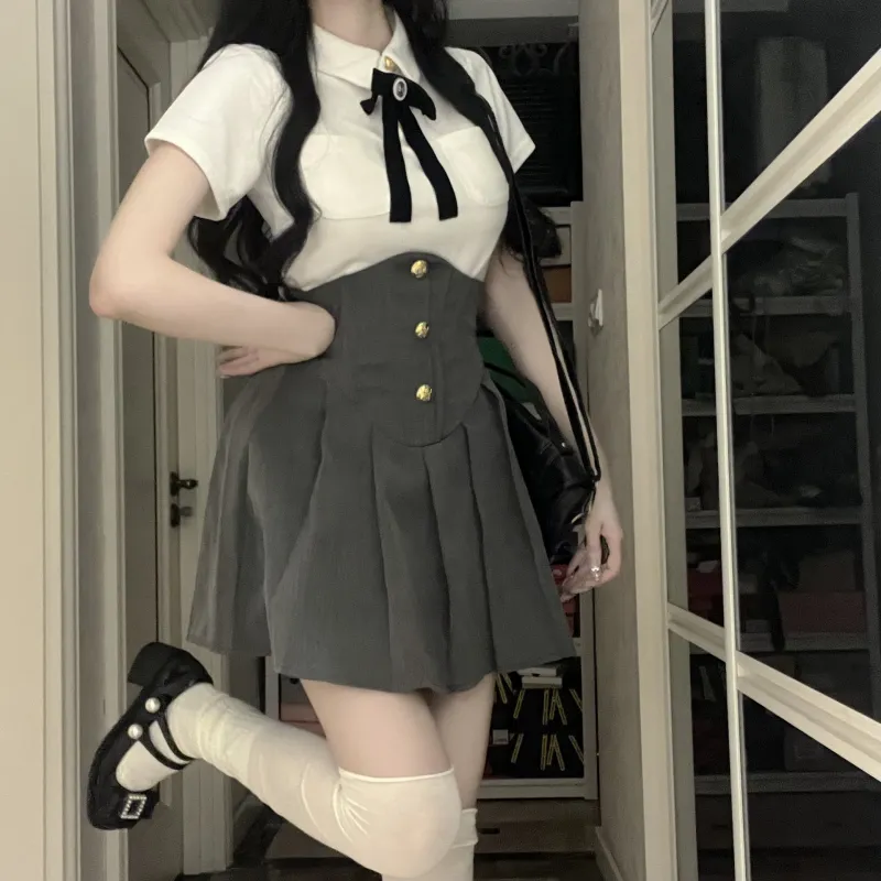 KAZAN Uniforms Women's White Shirt+Black Fishbone Skirt+Bow Tie-6