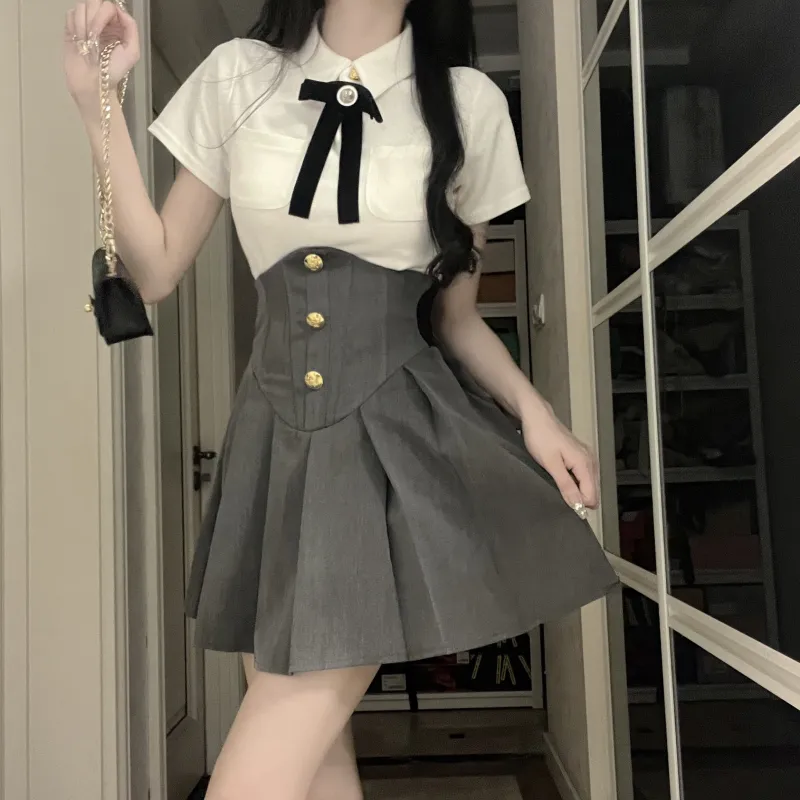 KAZAN Uniforms Women's White Shirt+Black Fishbone Skirt+Bow Tie-5
