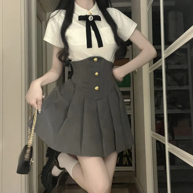 KAZAN Uniforms Women's White Shirt+Black Fishbone Skirt+Bow Tie-4