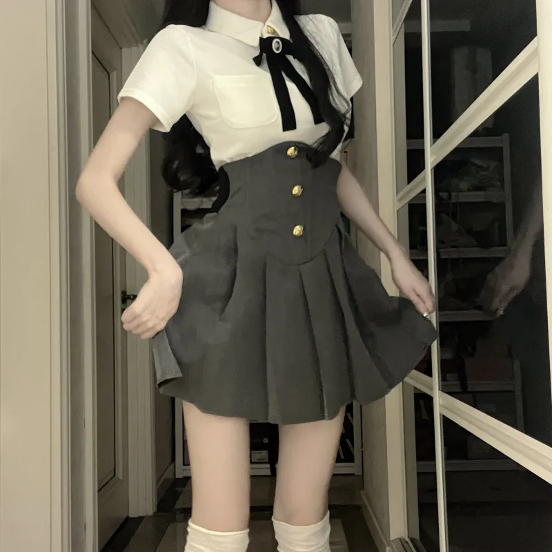 KAZAN Uniforms Women's White Shirt+Black Fishbone Skirt+Bow Tie-2