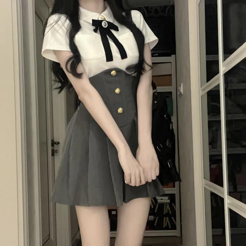 KAZAN Uniforms Women's White Shirt+Black Fishbone Skirt+Bow Tie-3