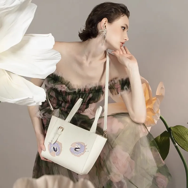 WANACCESSORY Cow Leather Bucket Bag, Shoulder Bag, Crossbody Bag, Handbag Large Size Unisex White/Apricot-1