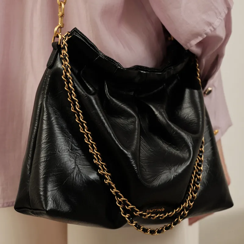 Simedin Cow Split Leather Shoulder Bag Unisex Classic Black/Milk White-5